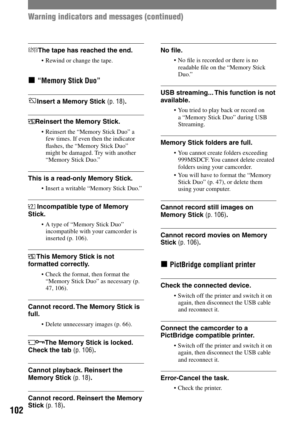 Warning indicators and messages (continued) | Sony DCR-HC90 User Manual | Page 102 / 123