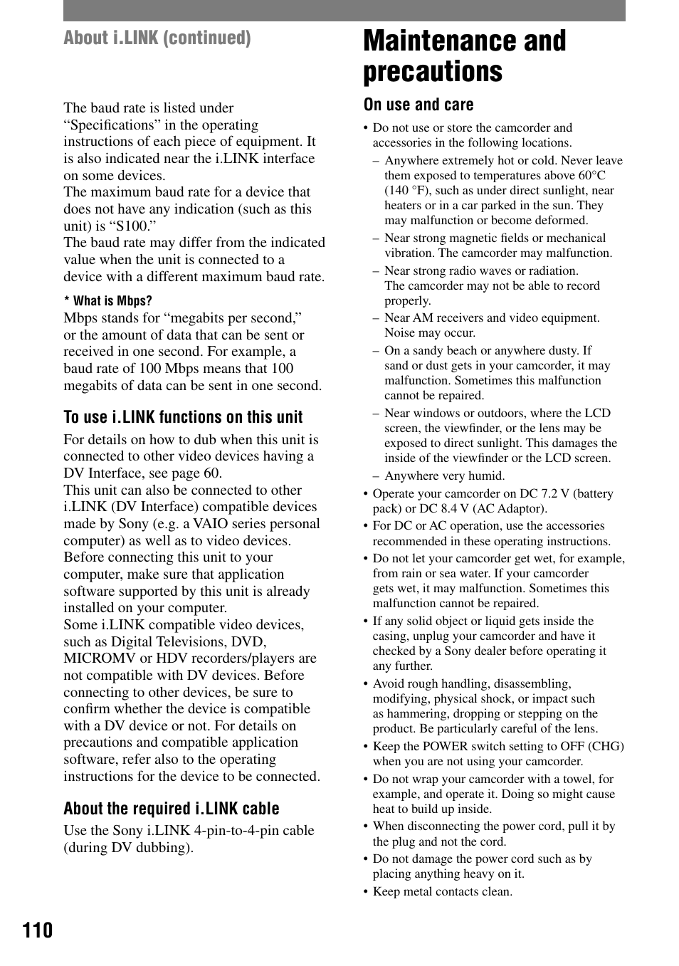 Maintenance and precautions, About i.link (continued) | Sony DCR-HC90 User Manual | Page 110 / 123