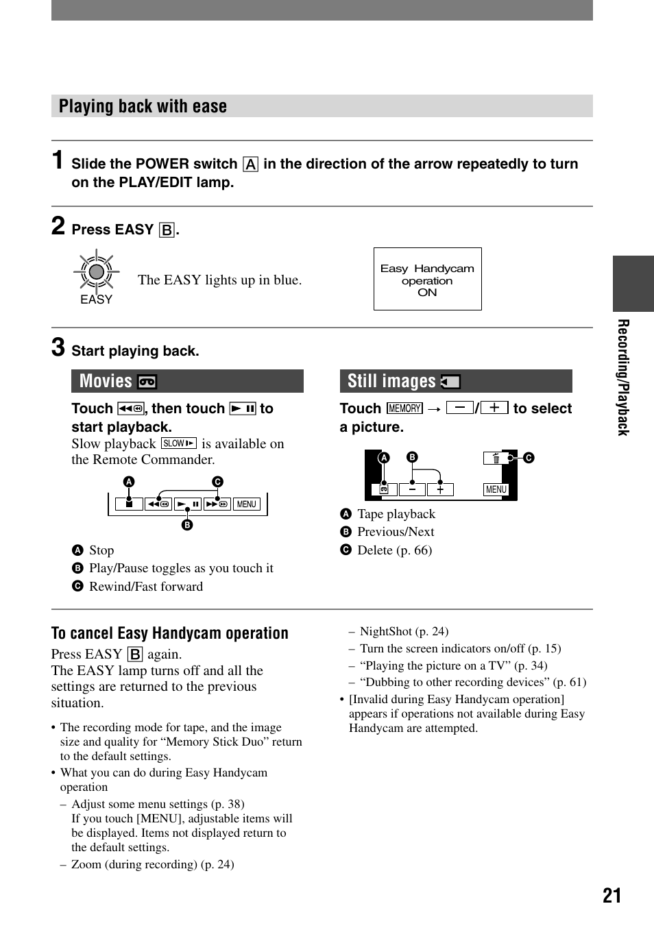 Playing back with ease, Movies, Still images | Sony DCR-HC90 User Manual | Page 21 / 123