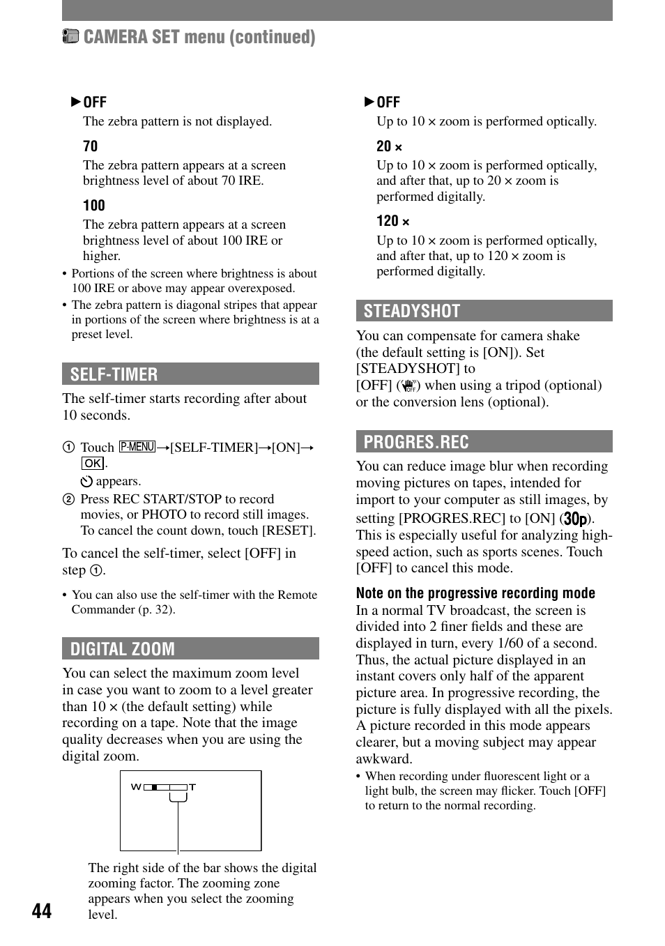 Camera set menu (continued), Self-timer, Digital zoom | Steadyshot, Progres.rec | Sony DCR-HC90 User Manual | Page 44 / 123
