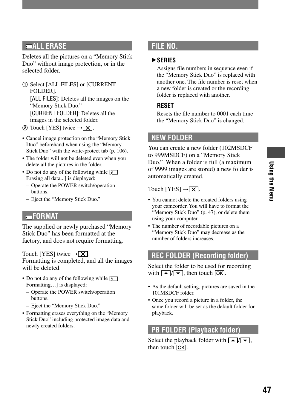 All erase, Format, File no | New folder, Rec folder (recording folder), Pb folder (playback folder) | Sony DCR-HC90 User Manual | Page 47 / 123