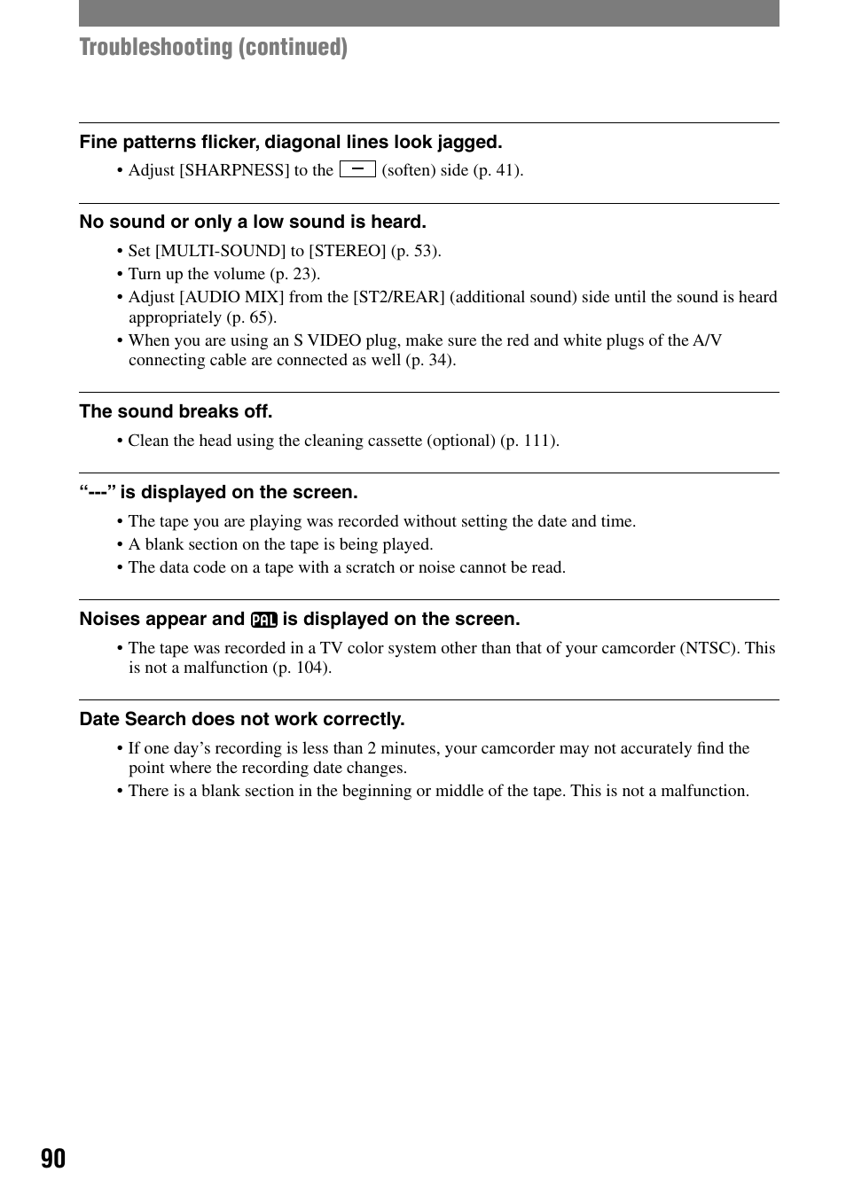 Troubleshooting (continued) | Sony DCR-HC90 User Manual | Page 90 / 123