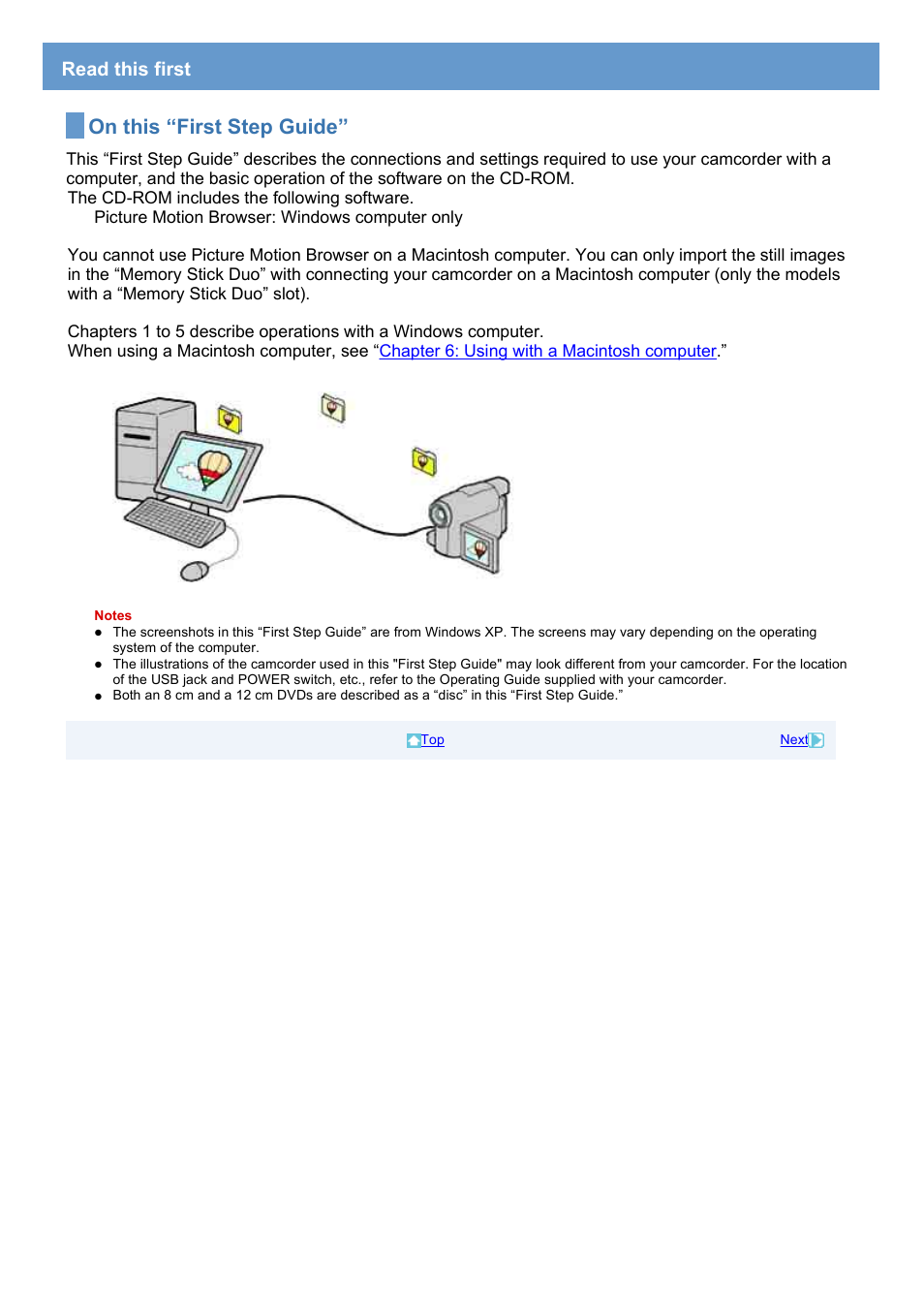 Read this first, On this “first step guide | Sony DCR-DVD308 User Manual | Page 2 / 33