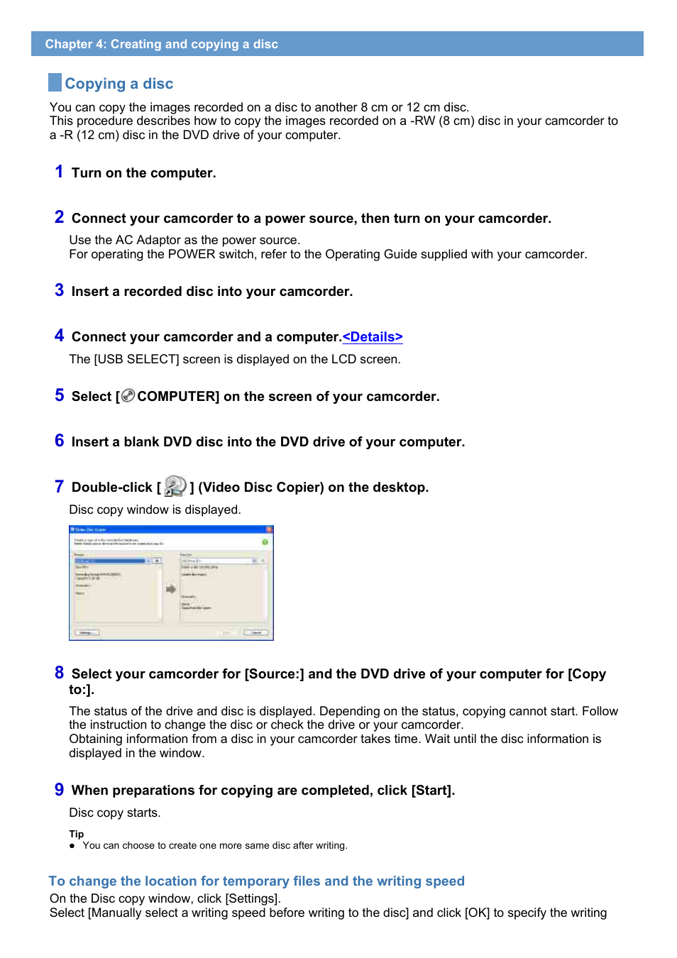 Copying a disc | Sony DCR-DVD308 User Manual | Page 22 / 33