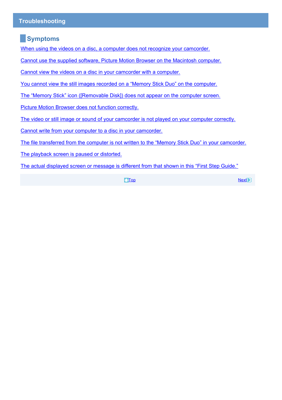 Troubleshooting, Symptoms | Sony DCR-DVD308 User Manual | Page 28 / 33
