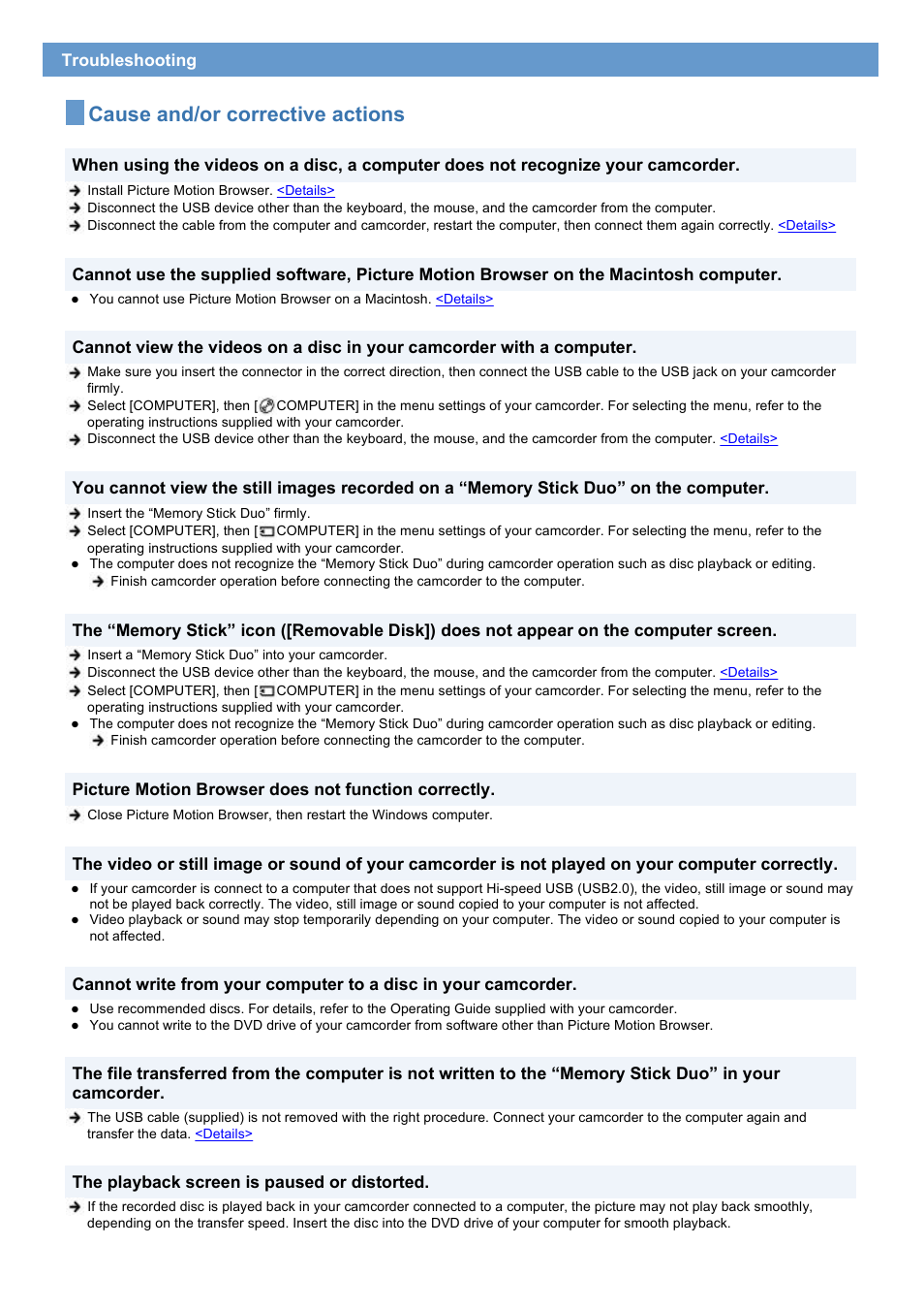 Cause and/or corrective actions | Sony DCR-DVD308 User Manual | Page 29 / 33