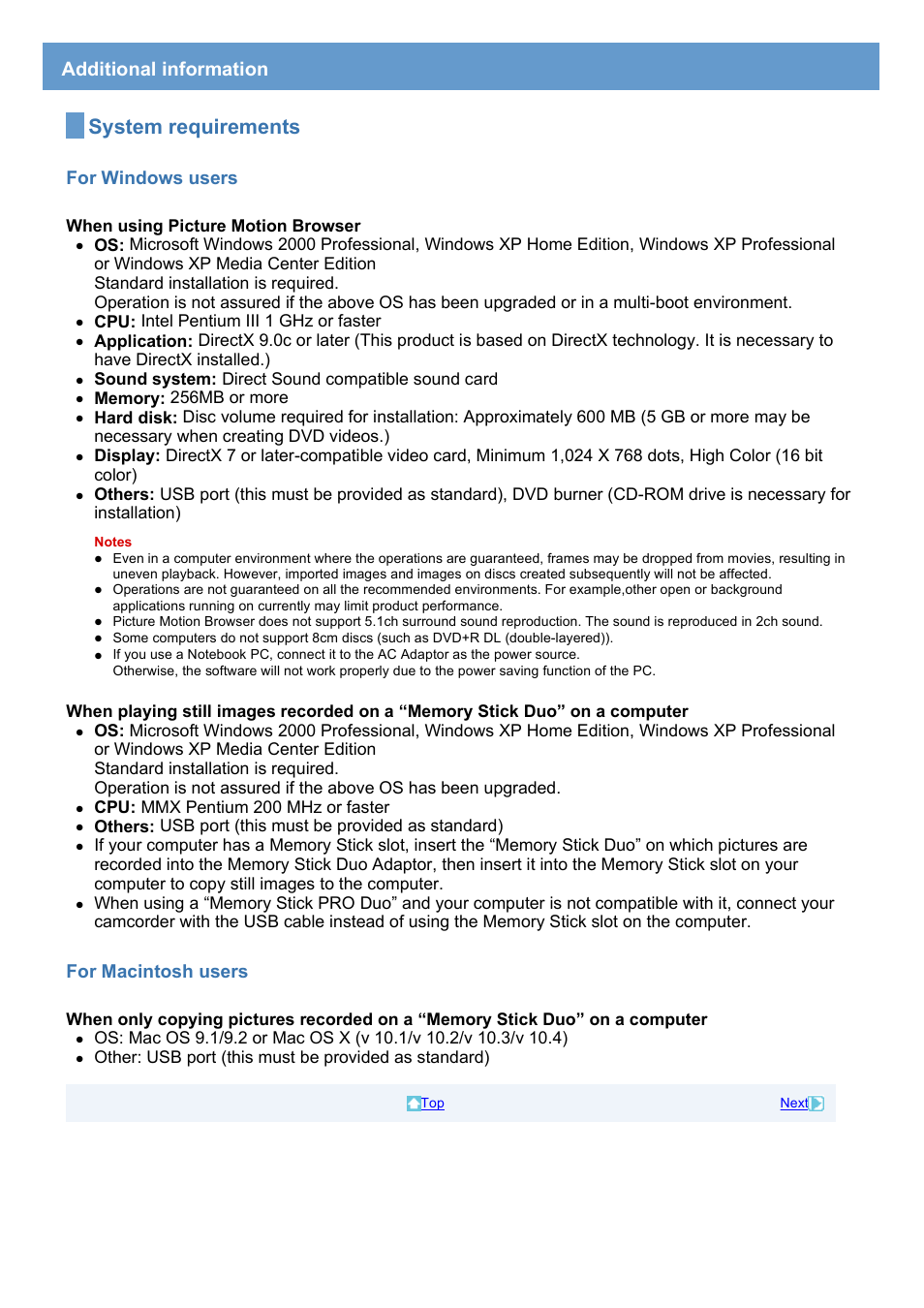 Additional information, System requirements, For windows users | For macintosh users | Sony DCR-DVD308 User Manual | Page 31 / 33