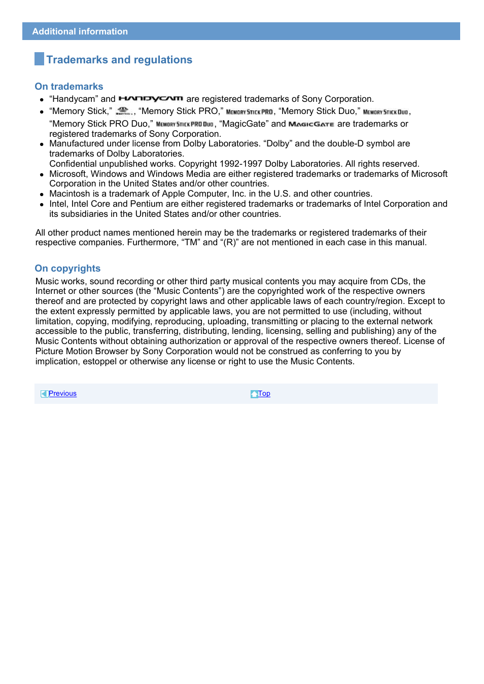 Trademarks and regulations | Sony DCR-DVD308 User Manual | Page 32 / 33