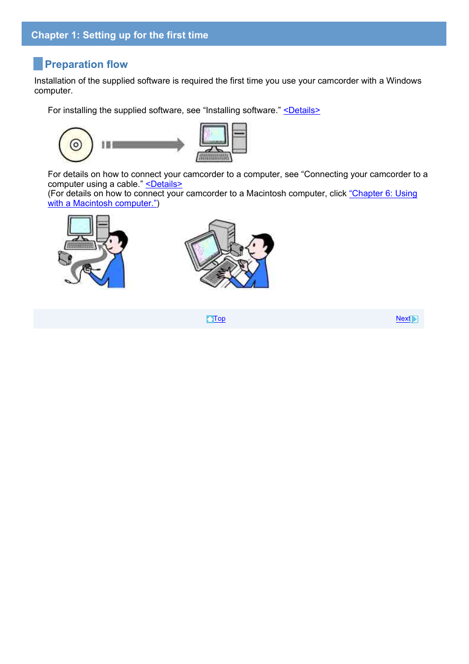 Chapter 1: setting up for the first time, Preparation flow | Sony DCR-DVD308 User Manual | Page 5 / 33