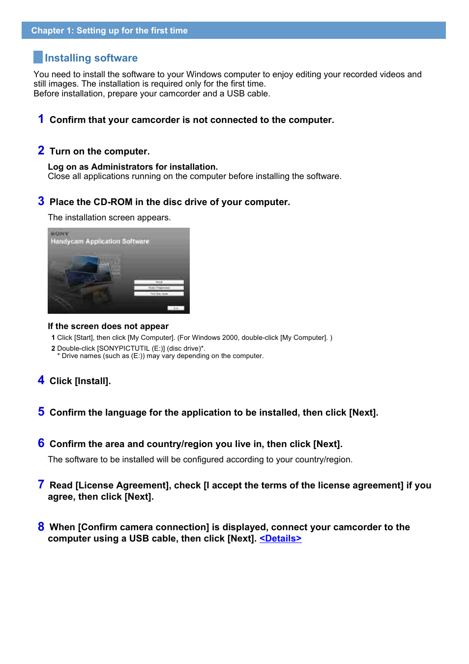 Installing software | Sony DCR-DVD308 User Manual | Page 6 / 33