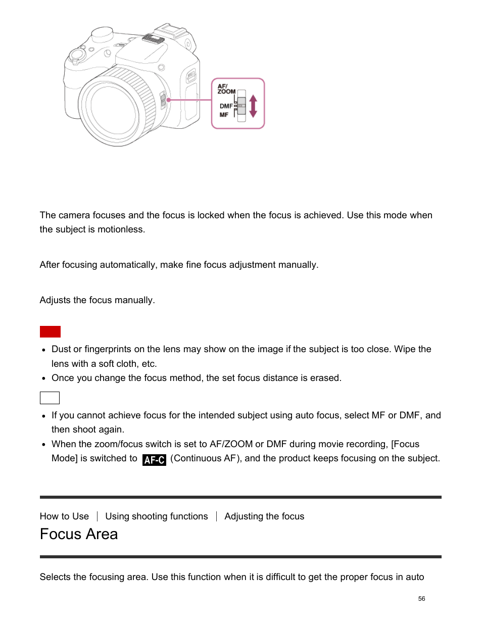 Focus area, Focus mode details | Sony DSC-HX400V User Manual | Page 66 / 196