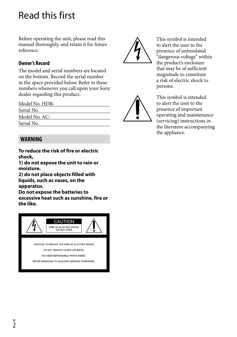 Read this first, Warning | Sony HDR-CX380 User Manual | Page 2 / 52