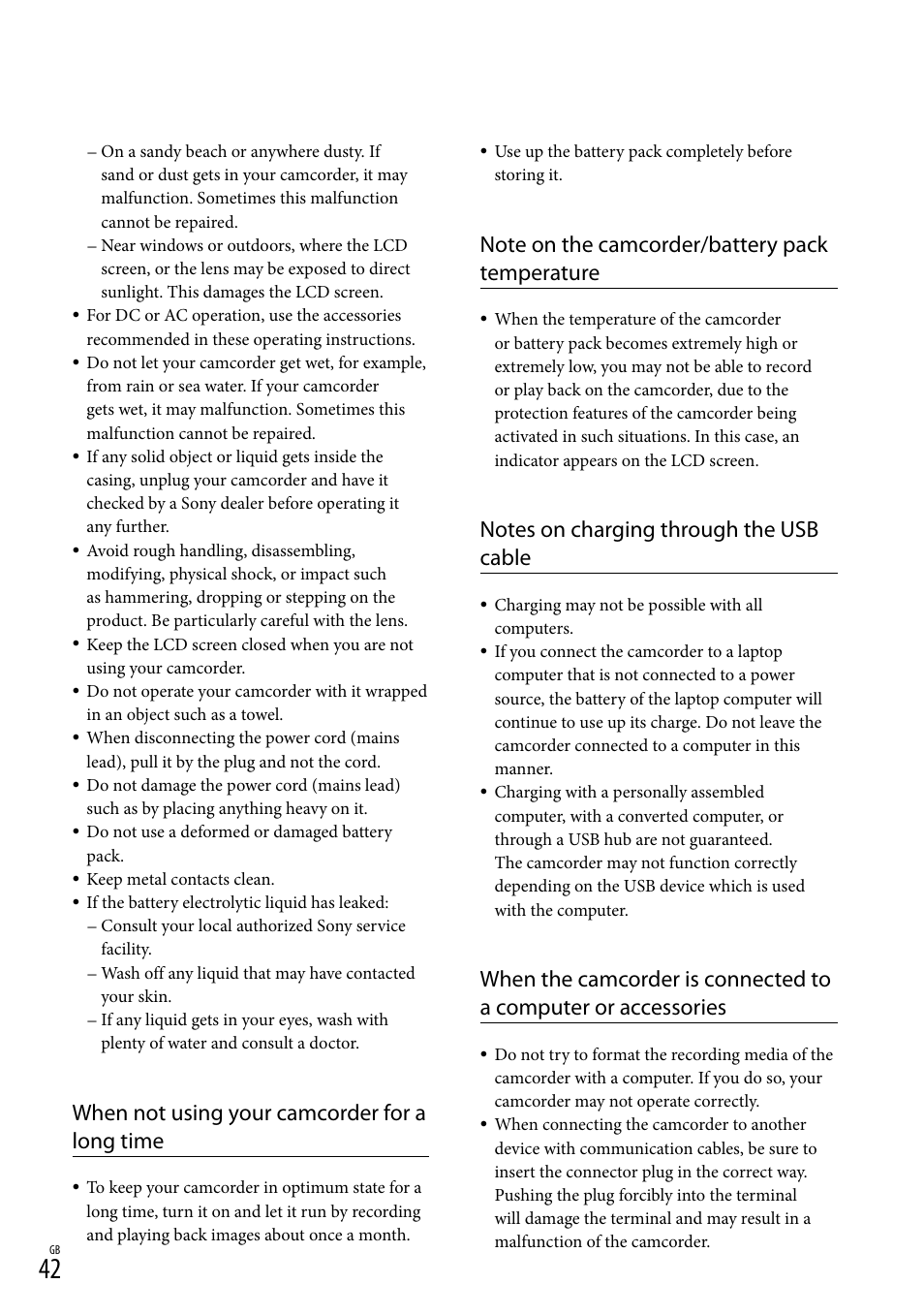 When not using your camcorder for a long time | Sony HDR-CX380 User Manual | Page 42 / 52