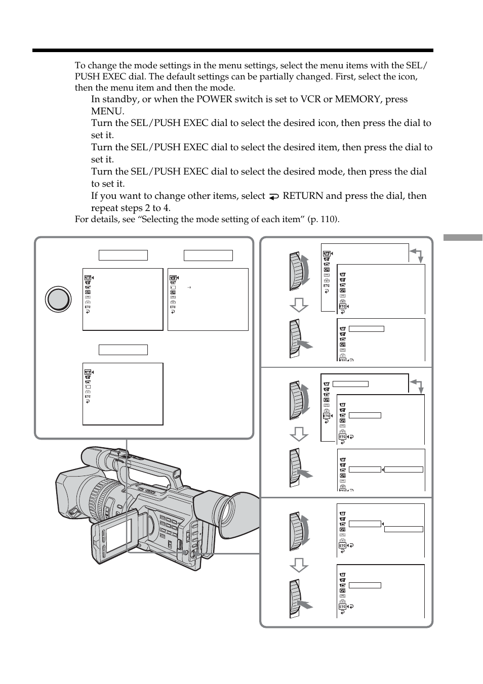Customizing your camcorder, Changing the menu settings | Sony DCR-VX2100 User Manual | Page 109 / 176