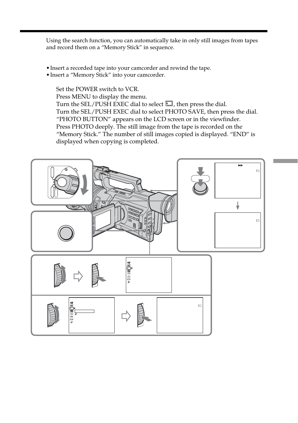 Copying still images from a tape – photo save, Photo button, Sav i ng 0 | End 4, Photo | Sony DCR-VX2100 User Manual | Page 131 / 176