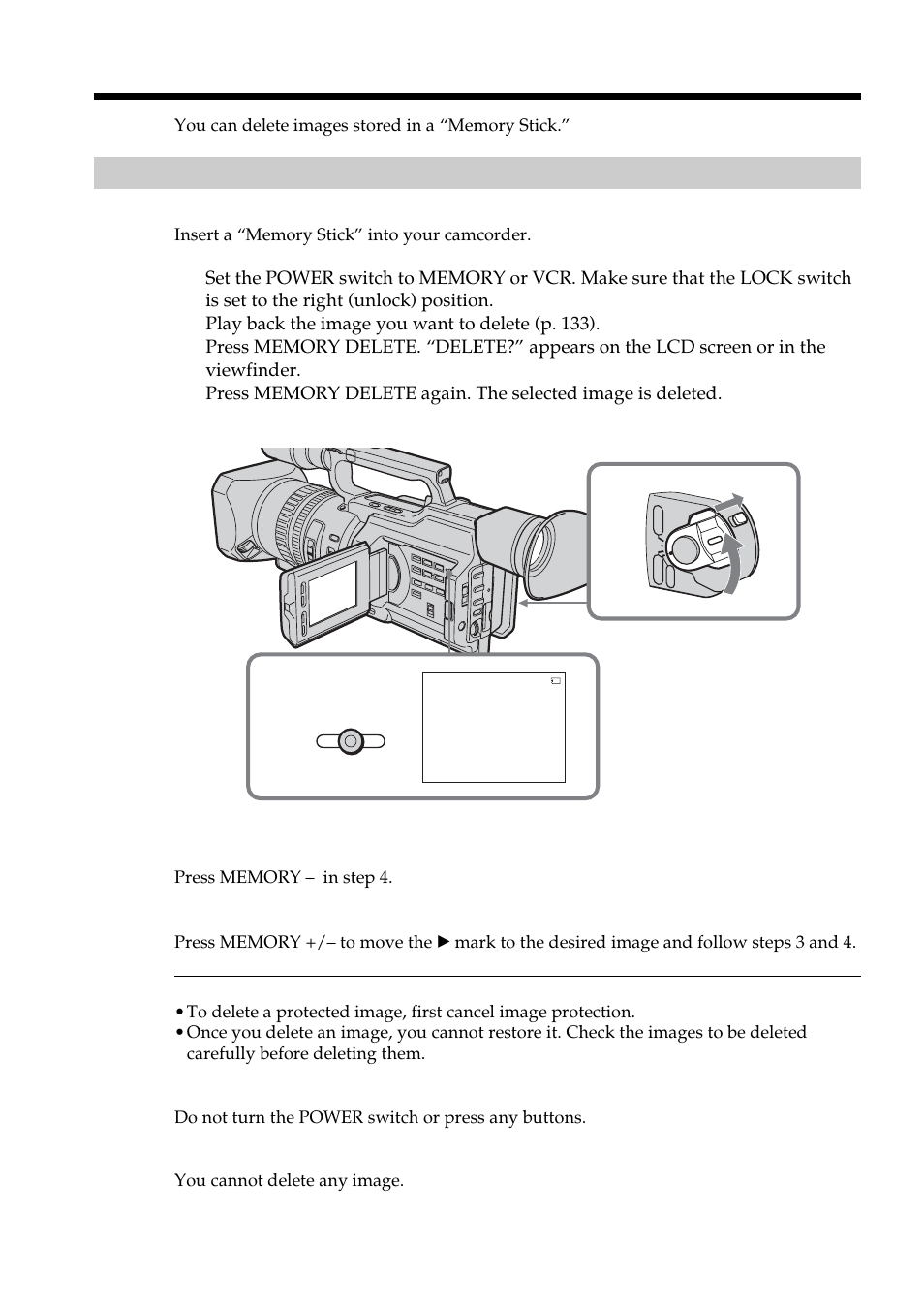 Deleting images, Deleting selected images | Sony DCR-VX2100 User Manual | Page 140 / 176