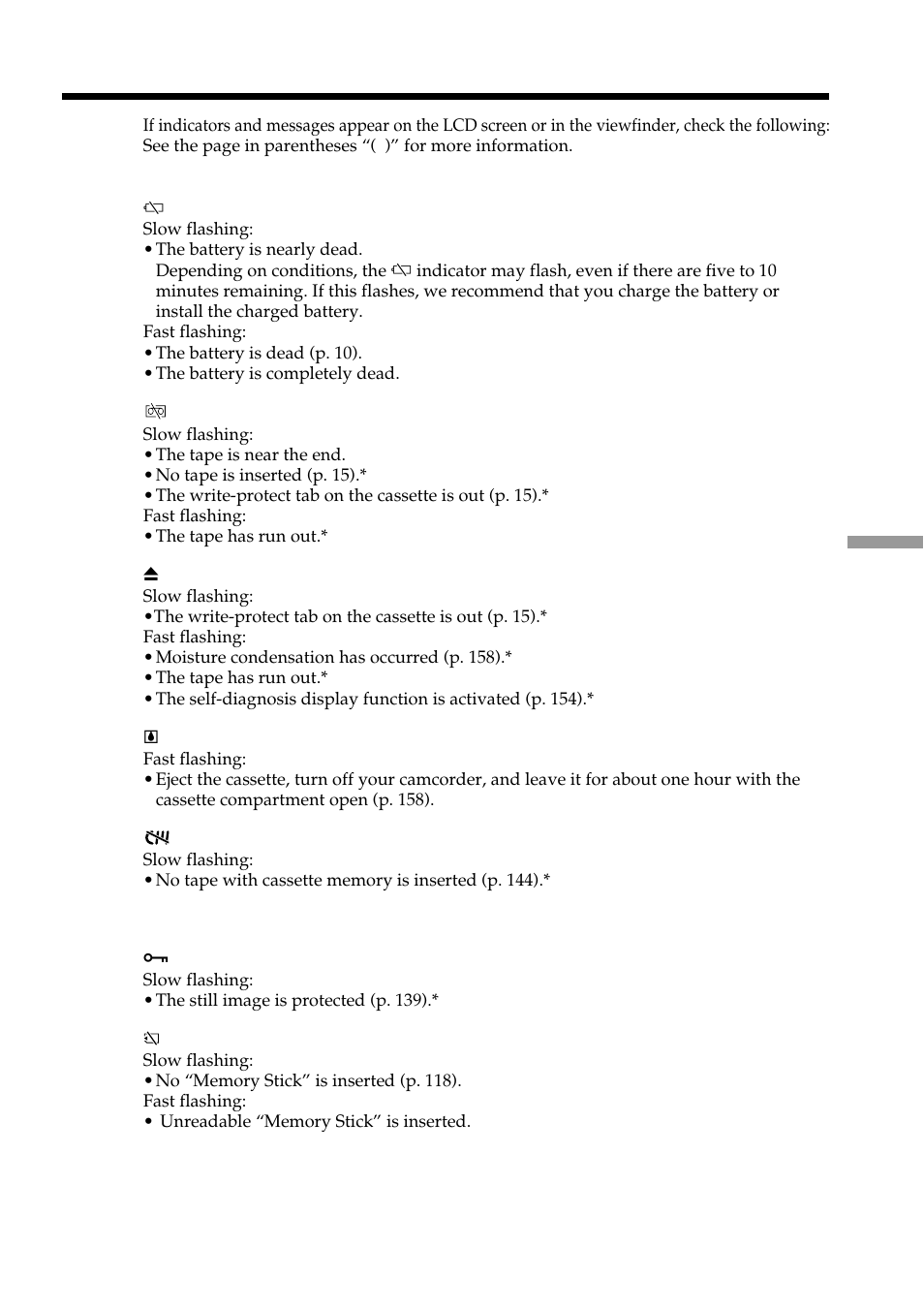 Warning indicators and messages | Sony DCR-VX2100 User Manual | Page 155 / 176