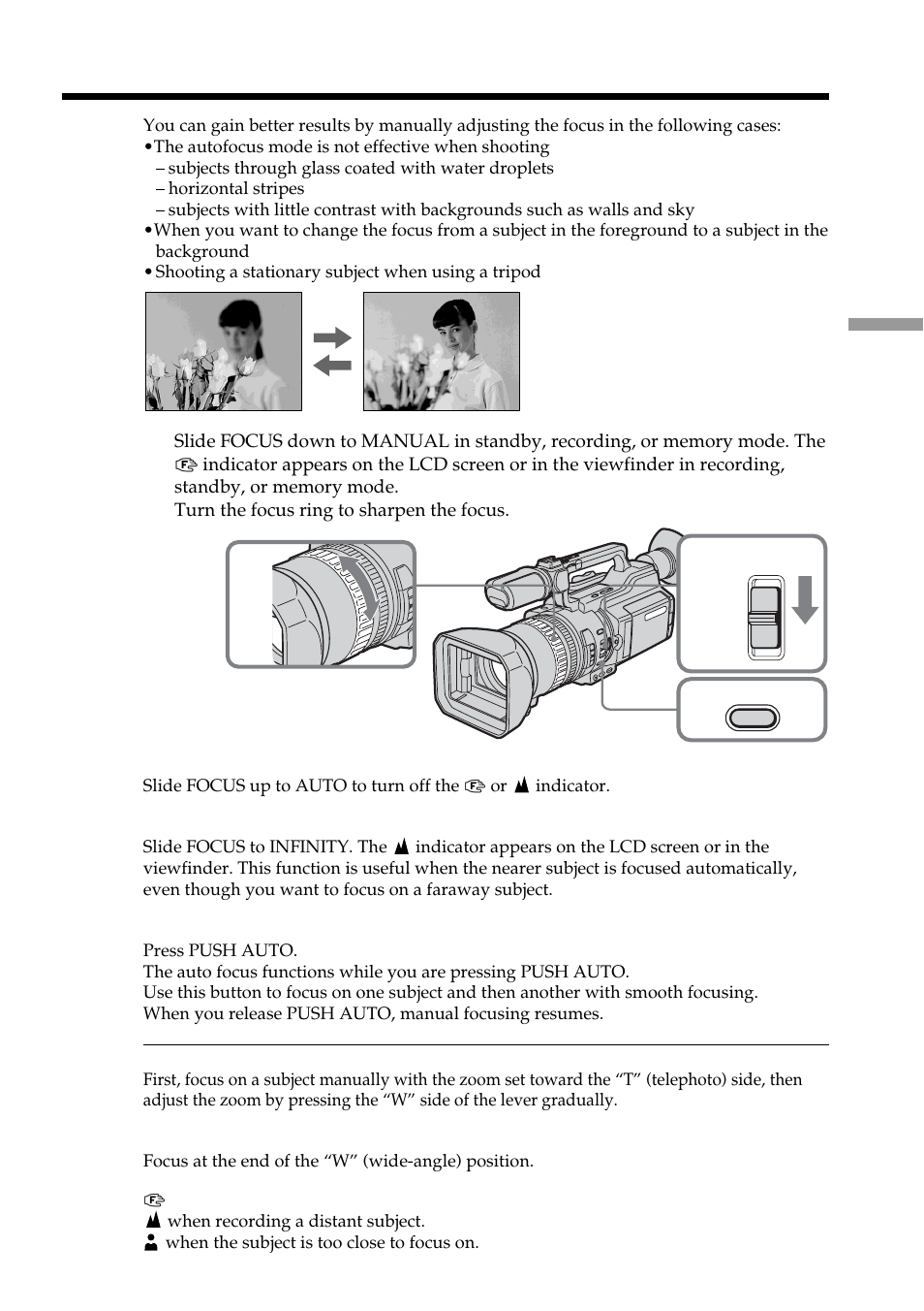 Focusing manually | Sony DCR-VX2100 User Manual | Page 59 / 176