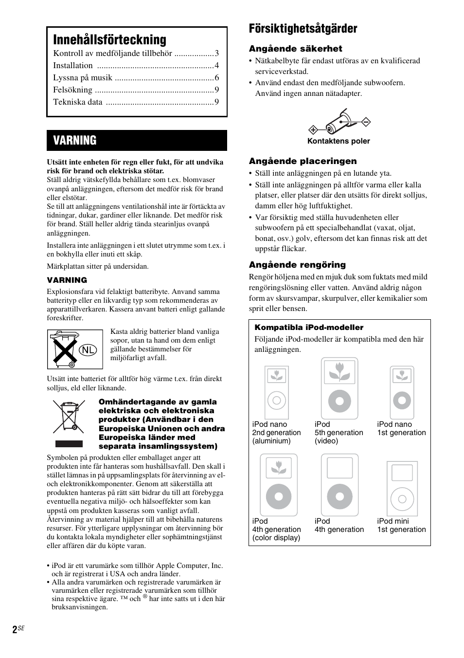 Innehållsförteckning, Försiktighetsåtgärder, Varning | Sony CPF-IP001 User Manual | Page 50 / 100