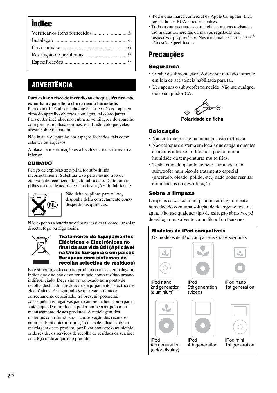 Índice, Precauções, Advertência | Sony CPF-IP001 User Manual | Page 82 / 100