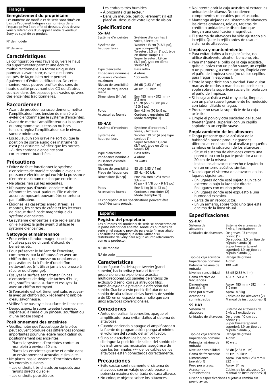 Caractéristiques, Raccordement, Précautions | Spécifications, Características, Conexiones, Precauciones, Especificaciones | Sony SS-HA1 User Manual | Page 2 / 2