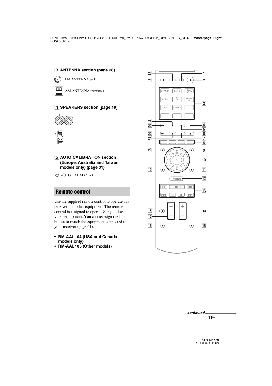 Remote control | Sony STR-DH520 User Manual | Page 11 / 72