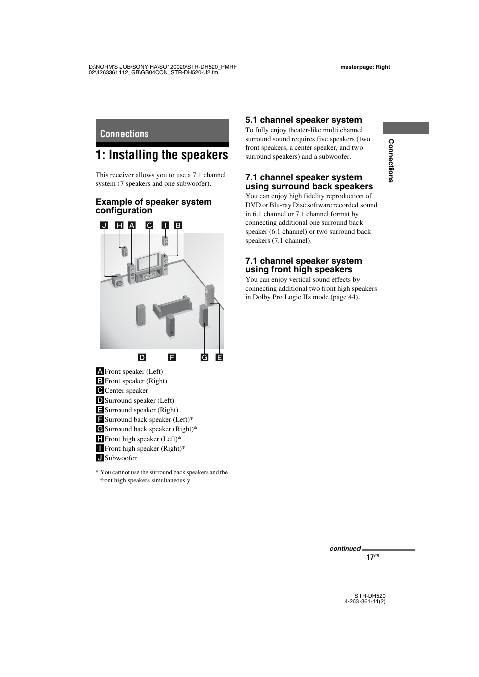 Connections, Installing the speakers | Sony STR-DH520 User Manual | Page 17 / 72