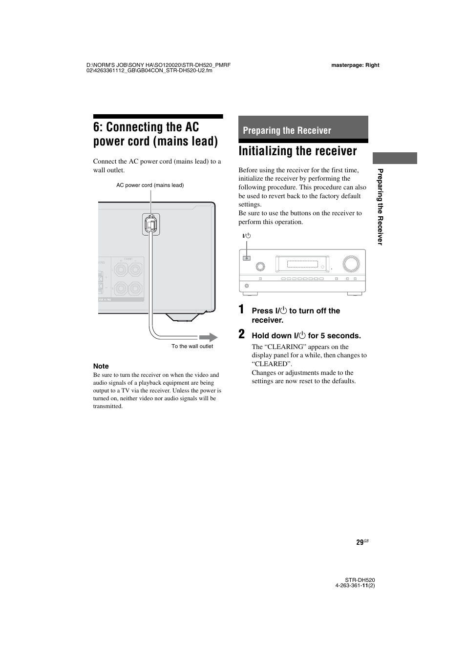 Connecting the ac power cord (mains lead), Preparing the receiver, Initializing the receiver | Connecting the ac power cord, Mains lead), E 29 | Sony STR-DH520 User Manual | Page 29 / 72