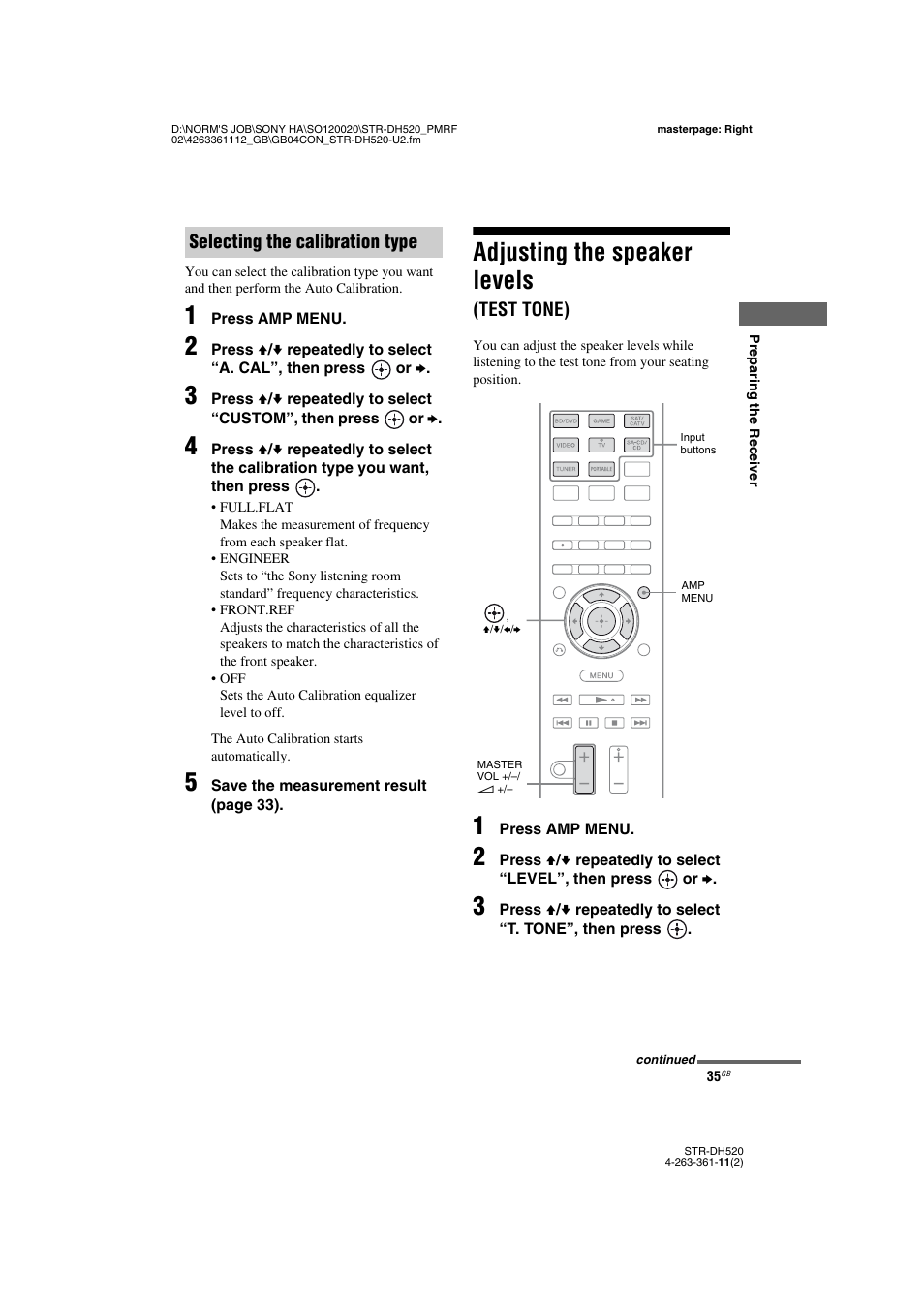 Adjusting the speaker levels (test tone), Adjusting the speaker levels, Test tone) | Selecting the calibration type | Sony STR-DH520 User Manual | Page 35 / 72