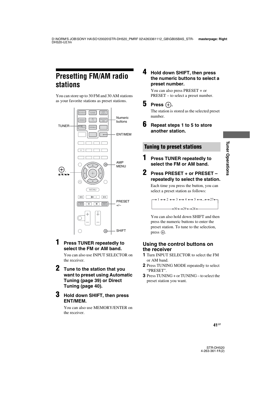 Presetting fm/am radio stations, Tuning to preset stations | Sony STR-DH520 User Manual | Page 41 / 72