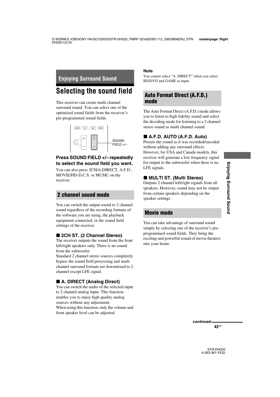 Enjoying surround sound, Selecting the sound field, Enjoying surround sound 2 channel sound mode | Auto format direct (a.f.d.) mode movie mode | Sony STR-DH520 User Manual | Page 43 / 72