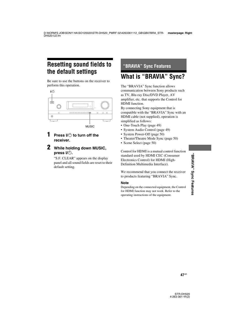 Resetting sound fields to the default settings, Bravia” sync features, What is “bravia” sync | Resetting sound fields to the default, Settings | Sony STR-DH520 User Manual | Page 47 / 72