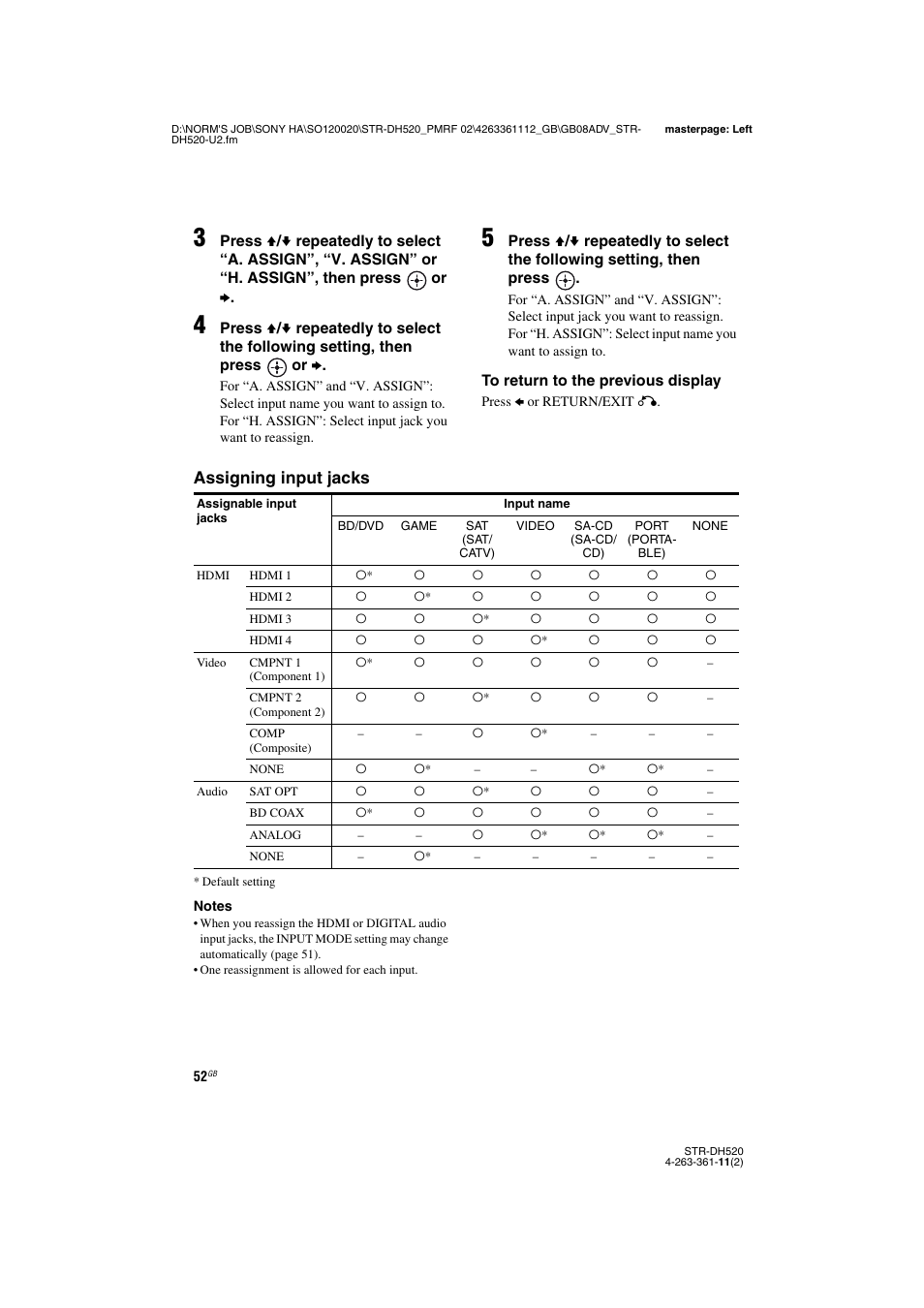 Assigning input jacks | Sony STR-DH520 User Manual | Page 52 / 72