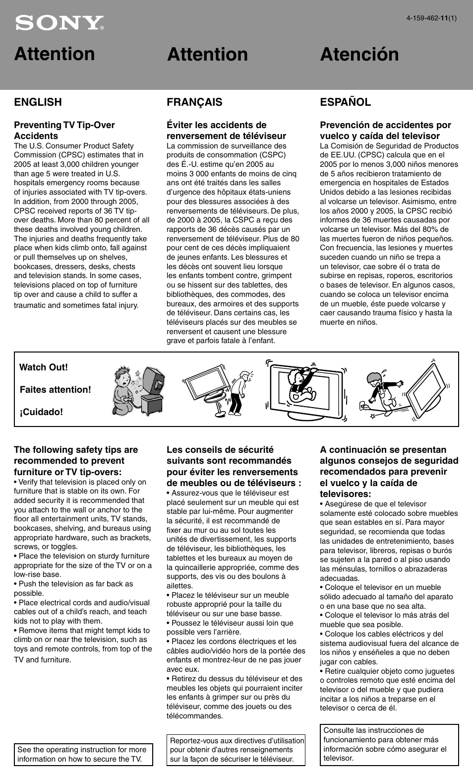 Attention, Attention atención | Sony KDL-52XBR10 User Manual | Page 2 / 2