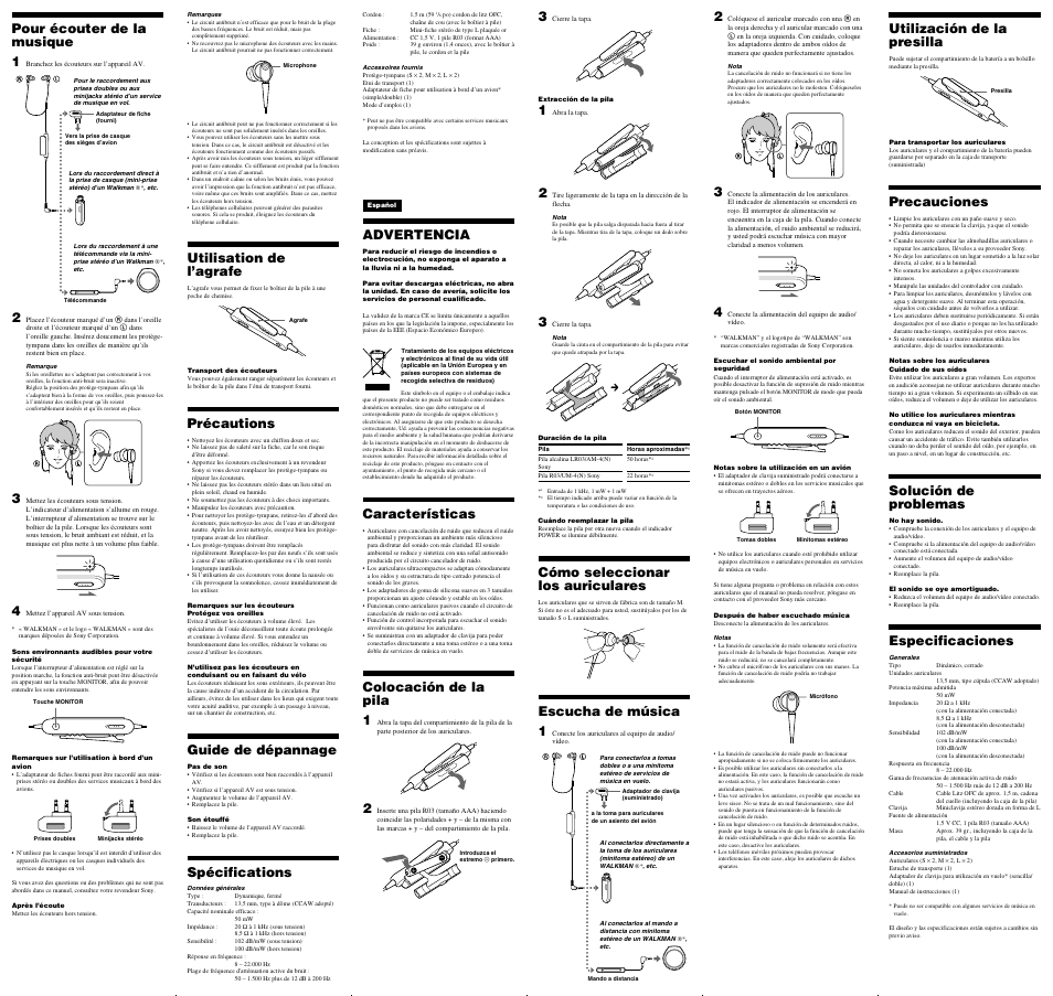 Utilisation de l’agrafe, Précautions, Guide de dépannage | Spécifications, Advertencia, Características, Colocación de la pila 1, Cómo seleccionar los auriculares, Escucha de música 1, Utilización de la presilla | Sony MDR-NC22PNK User Manual | Page 2 / 2