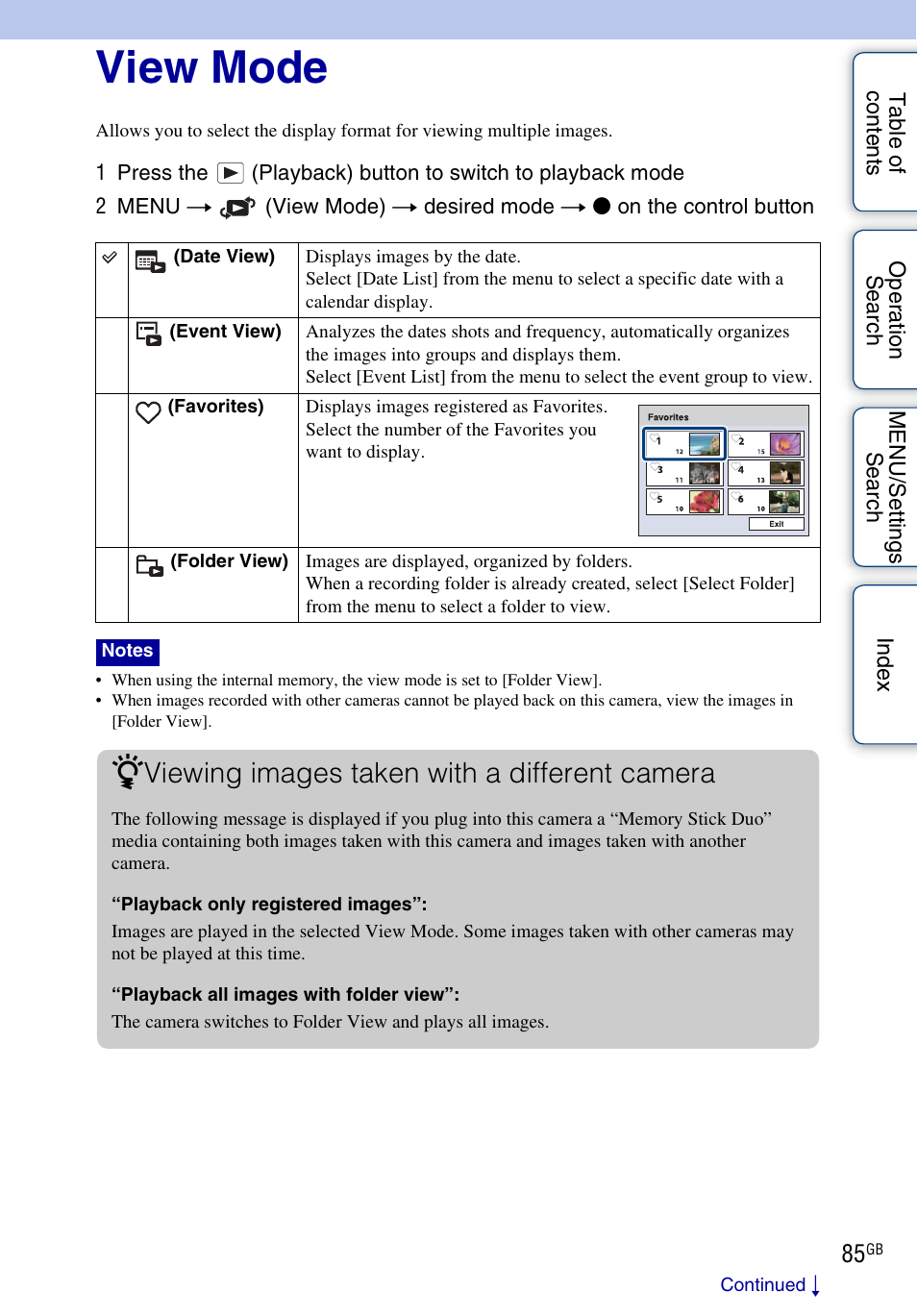 View mode, View mode), Viewing images taken with a different camera | Sony DSC-HX1 User Manual | Page 85 / 176