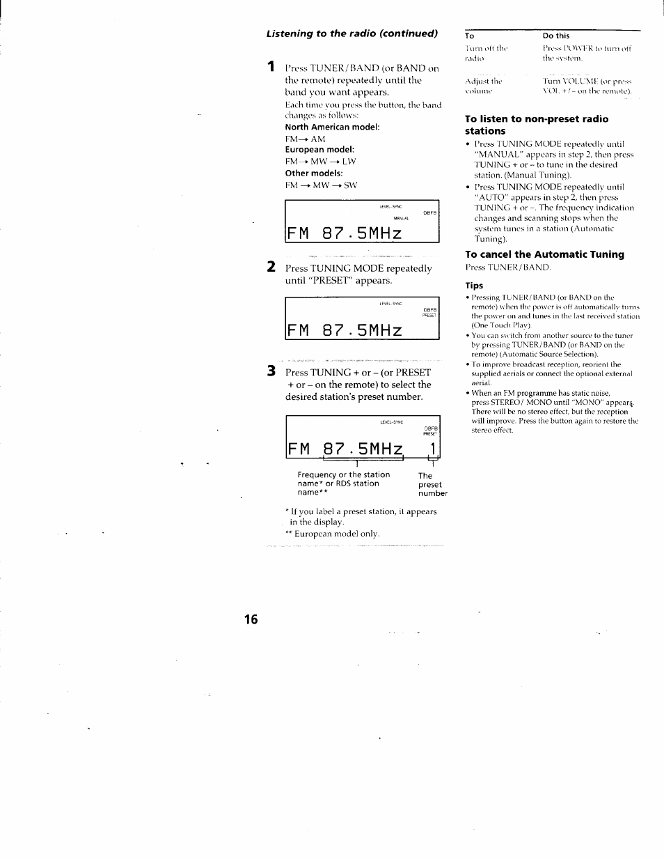 To listen to non-preset radio stations, Tips, F m 8 7 . 5 m h z | F m 8 7 . 5 m h z 1, I -----m, Rddiu | Sony DHC-MD313 User Manual | Page 16 / 58
