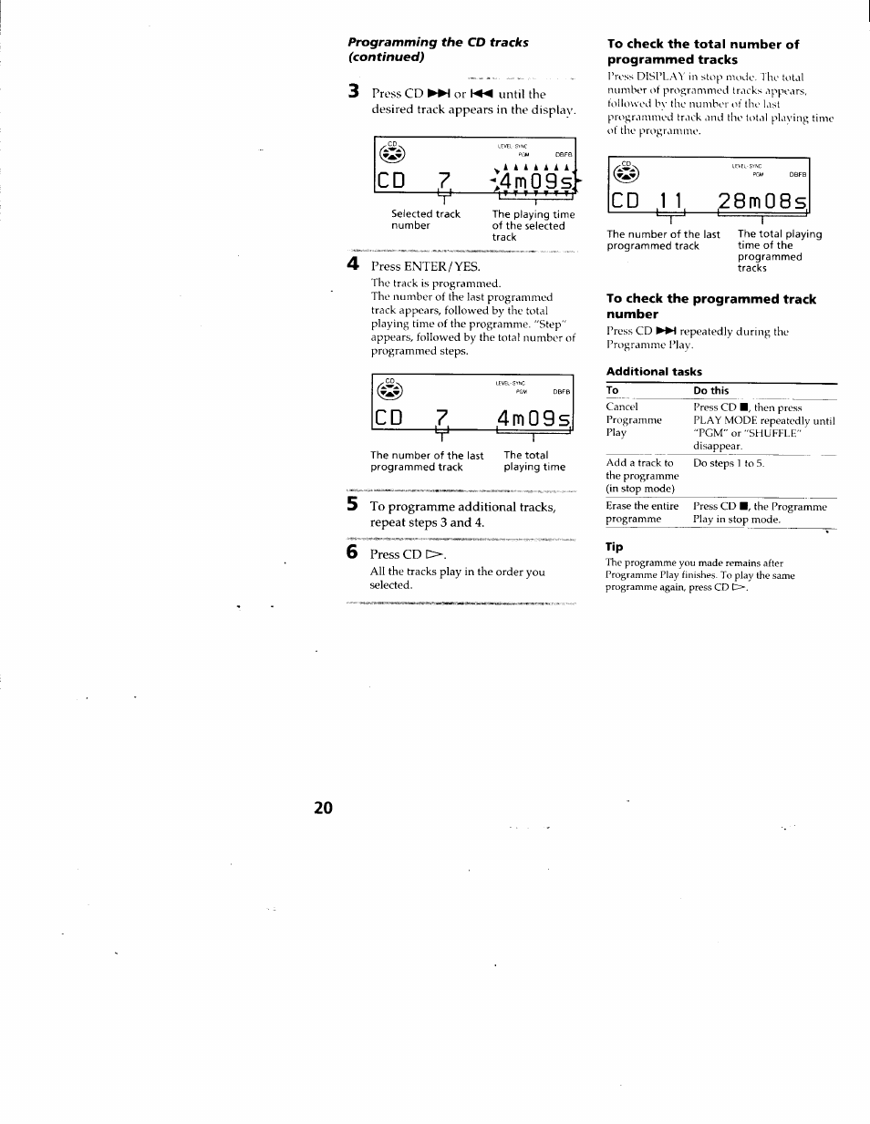 To check the total number of programmed tracks, To check the programmed track number, C d 7 . 4 m 0 9 s | Sony DHC-MD313 User Manual | Page 20 / 58
