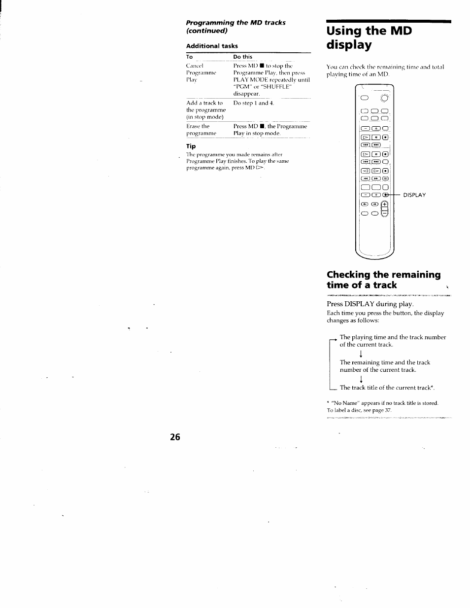 Additional tasks, Using the md display, Checking the remaining time of a track | T“ 'o, Ir (шш0! сдшо; (hjcedd) cs_c^_ ® □ao | Sony DHC-MD313 User Manual | Page 26 / 58