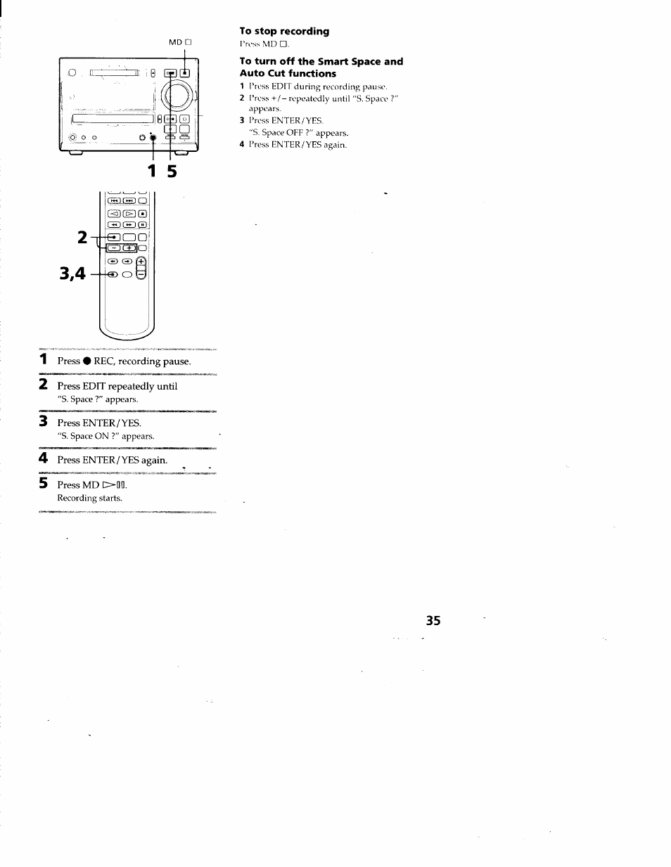 To turn off the smart space and auto cut functions | Sony DHC-MD313 User Manual | Page 35 / 58