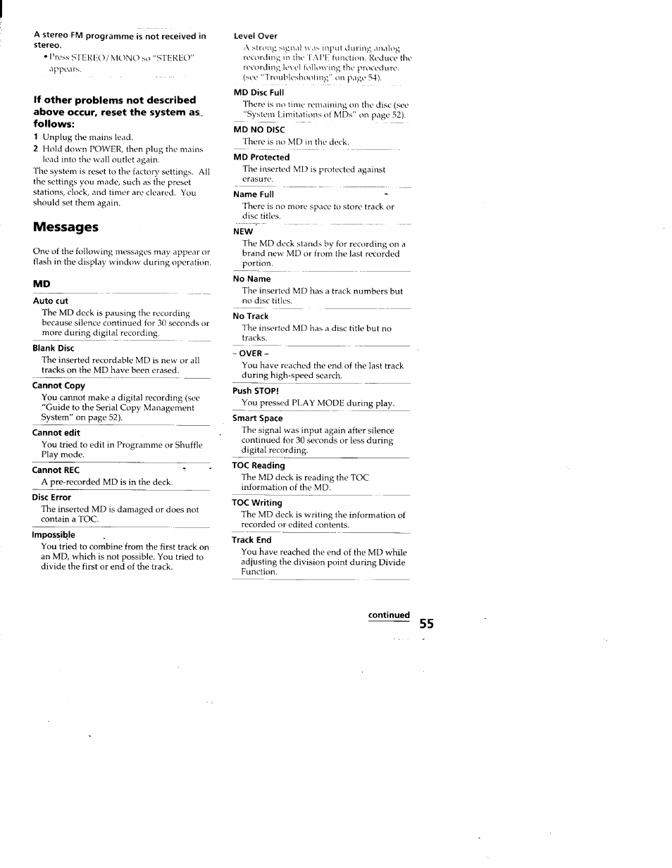 A stereo fm programme is not received in stereo, Messages, Auto cut | Blank disc, Cannot edit, Cannot rec, Disc error, Level over, Md disc full, Md no disc | Sony DHC-MD313 User Manual | Page 55 / 58