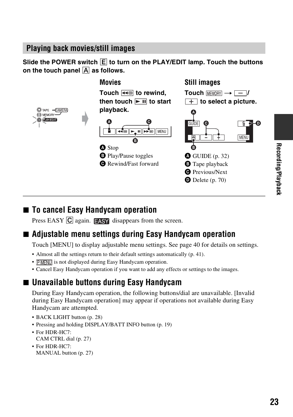 Unavailable buttons during easy handycam, Playing back movies/still images | Sony HDR-HC7 User Manual | Page 23 / 131
