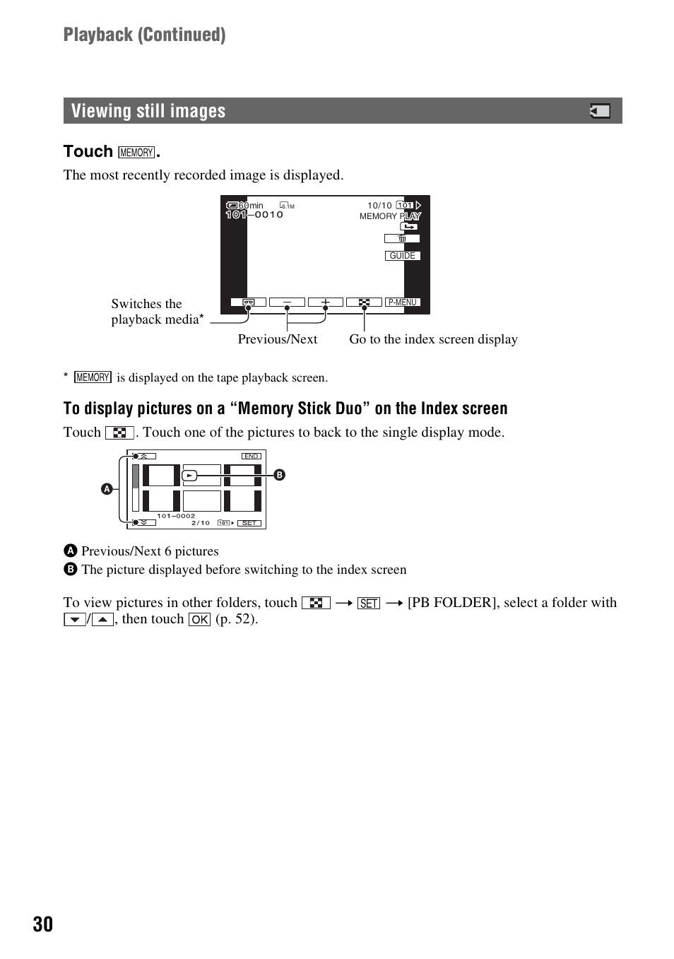 Viewing still images, Playback (continued), Touch | Sony HDR-HC7 User Manual | Page 30 / 131