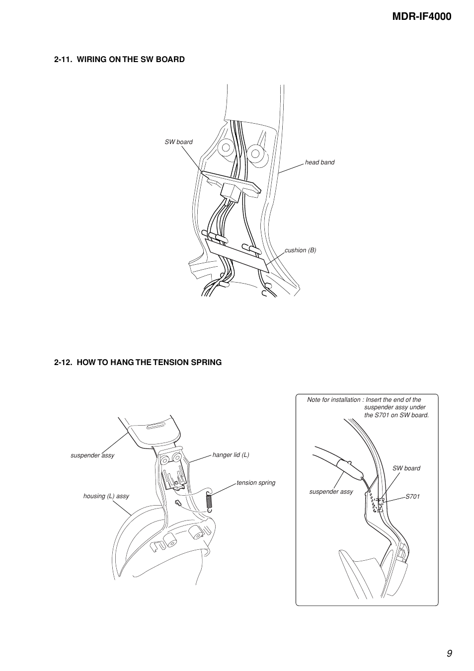 11. wiring on the sw board, 12. how to hang the tension spring, Mdr-if4000 | Sony MDR-IF4000 User Manual | Page 9 / 30