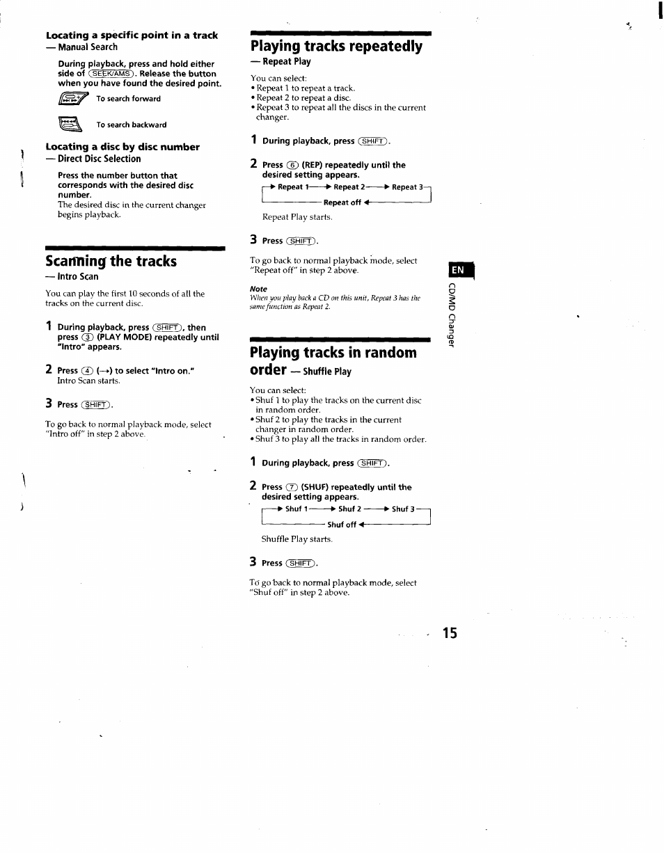 Locating a specific point in a track, Locating a disc by disc number, Scanning the tracks | Playing tracks repeatedly, Playing tracks in random | Sony CDX-C660 User Manual | Page 15 / 27