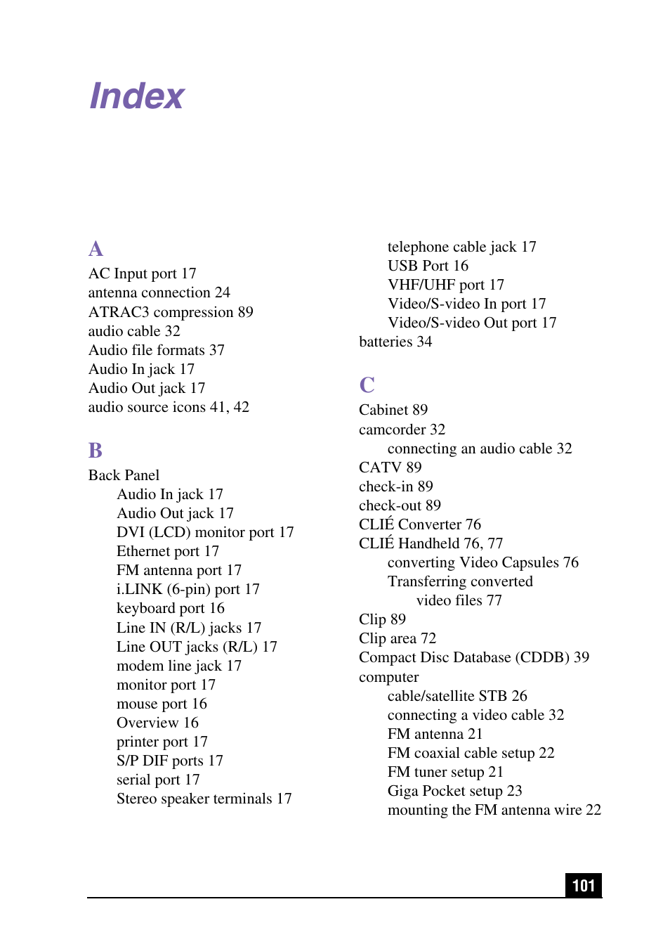 Index | Sony PCV-MXS10 User Manual | Page 101 / 105
