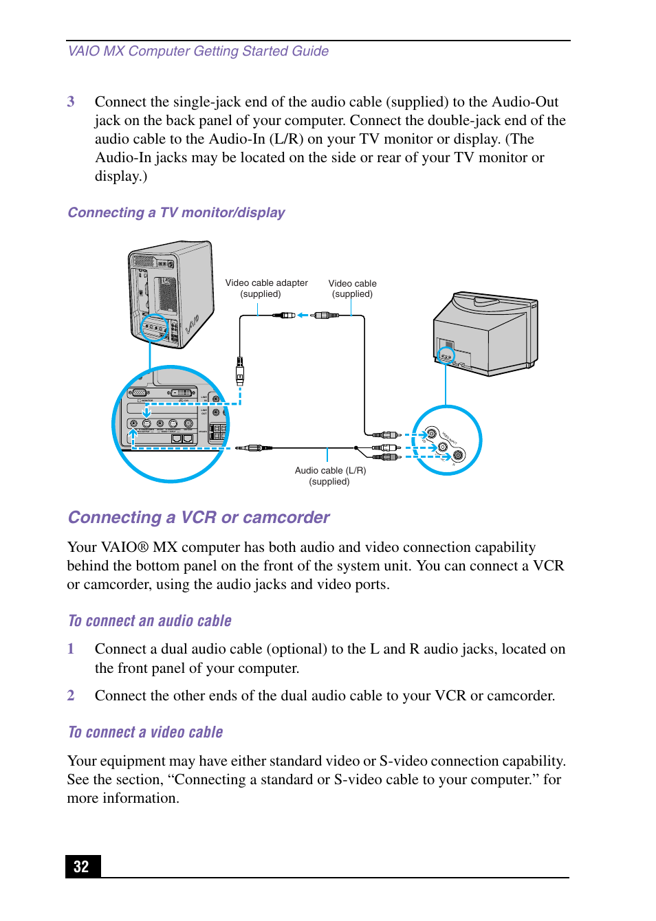 Connecting a vcr or camcorder, Vaio mx computer getting started guide, Connecting a tv monitor/display | Sony PCV-MXS10 User Manual | Page 32 / 105