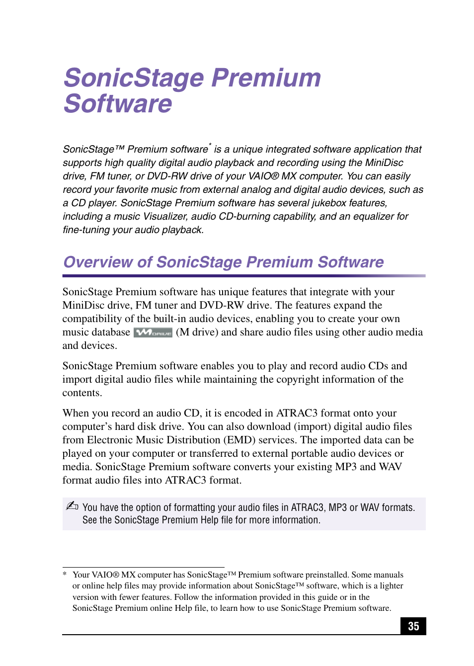 Sonicstage premium software, Overview of sonicstage premium software | Sony PCV-MXS10 User Manual | Page 35 / 105