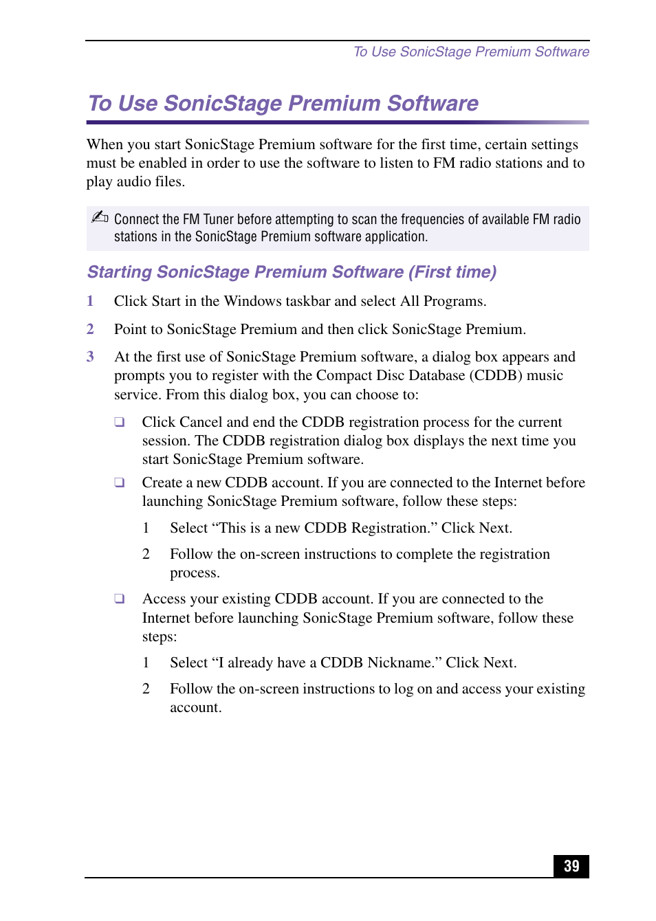 Starting sonicstage premium software (first time), To use sonicstage premium software | Sony PCV-MXS10 User Manual | Page 39 / 105