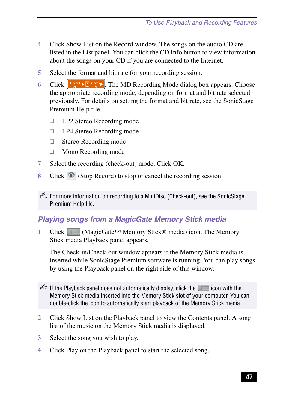 Playing songs from a magicgate memory stick media | Sony PCV-MXS10 User Manual | Page 47 / 105